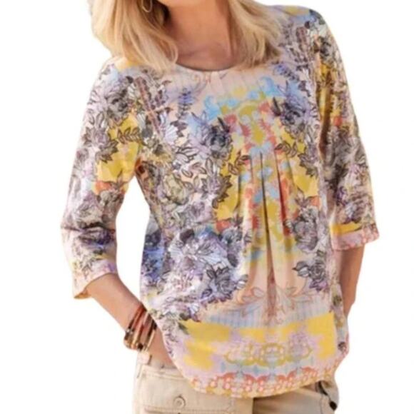 Soft Surroundings Westo Top Yellow Pleated Blouse Boho Artsy Spring Vacation - Picture 1 of 5